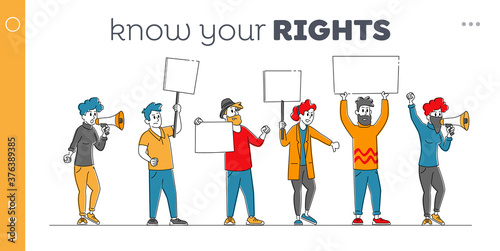 Angry People with Placards Protest on Rally Landing Page Template. Characters Holding Empty Placards, Banners or Signs