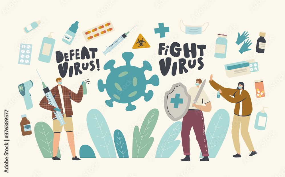 Fototapeta premium Characters Fighting with Virus. People Holding Shield and Syringe, Using Sanitizers Protecting from Contagious Infection