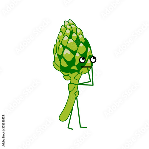 Cute artichoke cartoon character. Kawaii vegetable with funny pensive face. Natural vegetarian food emoticon. Healthy eating concept vector illustration on white background