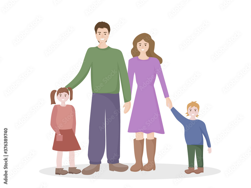 Portrait of a happy family on a walk by parents and children. Mom and Dad are walking with their son and daughter. People smile. The concept of love and family values. Vector flat design. Portrait of a happy family on a walk by parents and children. Mom and Dad are walking with their son and daughter. People smile. The concept of love and family values. Vector flat design.