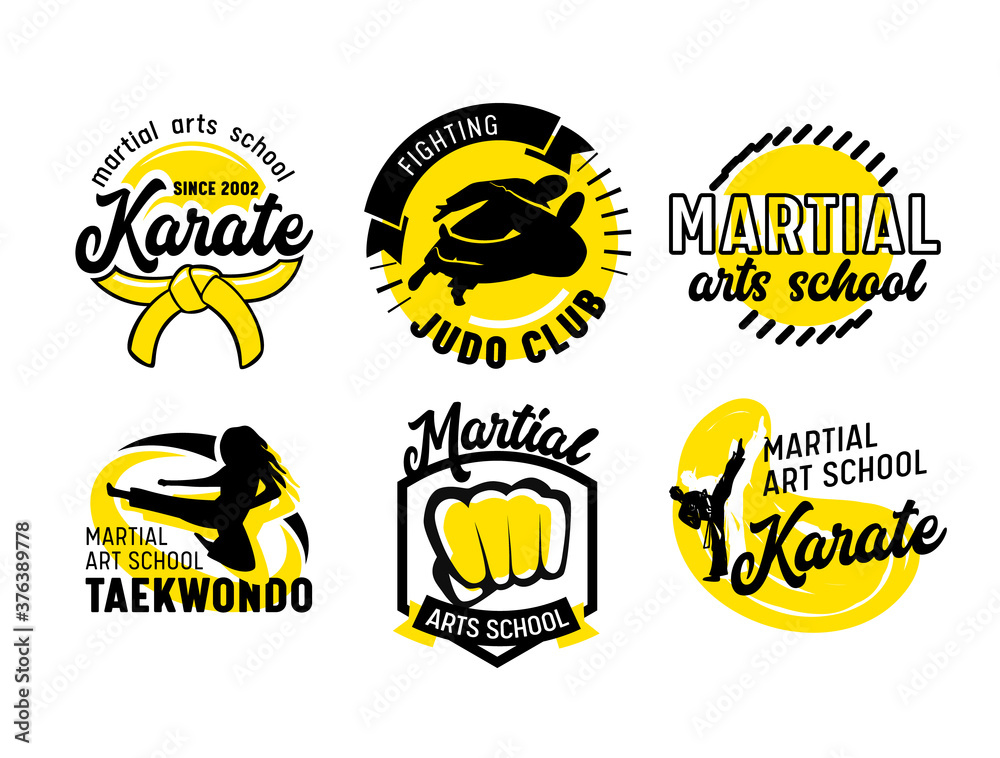 Naklejka premium Zestaw ikon dla szkoły sztuk walki, banery lub etykiety z wojowników, pięść i typografii. Emblematy dla klas bojowych