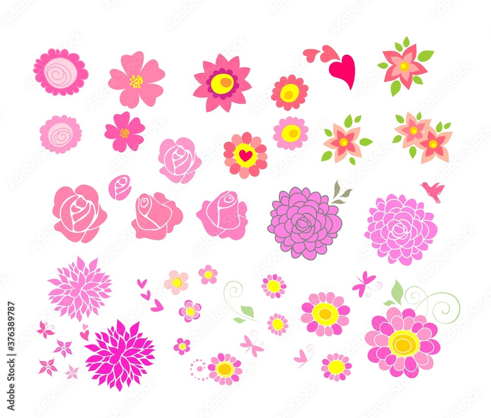 Funny abstract pink flowers set for greeting card, birthday invitation and other design