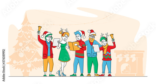 Christmas Characters in Santa Claus and Reindeer Hats Singing Xmas Carols Holding Song Books and Ringing Bell, Eve Night