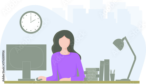 A successful beautiful woman at work. Comfortable workplace with a table, computer and necessary things for business. Vector flat design