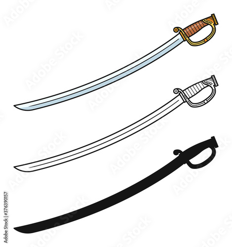 Set of simple vector images of saber swords with decorative hilts drawn in art line style. Vector illustration.