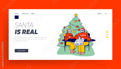 Christmas Holiday Festive Season Tradition, Landing Page Template. Young Couple Characters Writing Letter to Santa Claus