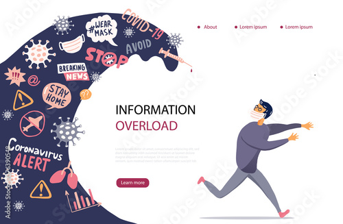Media and social networks talk about spread of virus and disease. Covid-19 Infodemic concept. Overwhelmed person running away from the information and news stream wave pursuing him. photo