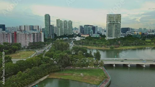 4k aerial horizontal pan footage of Nicoll highway bridge over kallang river in Singapore photo