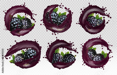 Set of 3d icons of six varieties of blackberry in splashes of juice drops. Fresh berries juice. Ripe blackberry on transparent background. Illustration for your poster, banner. Vector.