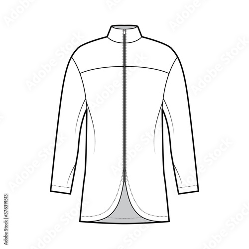 Zip-up shirt technical fashion illustration with relaxed fit, high neckline, back round yoke, front, long sleeves. Flat blazer apparel template front, white color. Women men unisex top CAD mockup