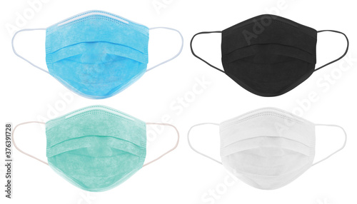 Set of 4 different colours of surgical protective mask to prevent coronavirus. Medical mask of various colours for protection against flu and other diseases - image