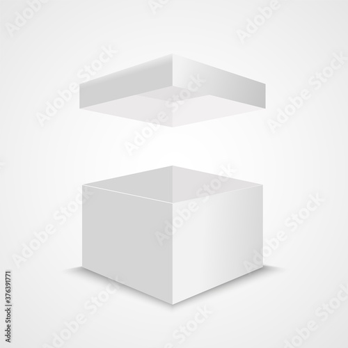 White open box mock up. Realistic vector cardboard cube with flying lid. Empty package surprise blank box.