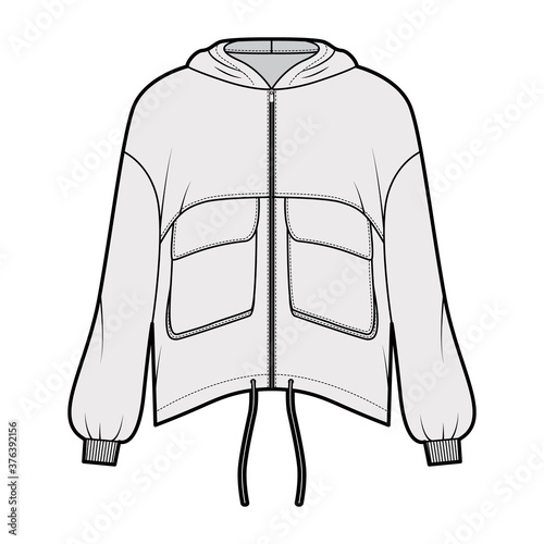 Zip-up hooded paneled track jacket technical fashion illustration with utility flap pockets, oversized, long sleeves, drawcord hem. Flat coat template front, grey color. Women, men, unisex top CAD
