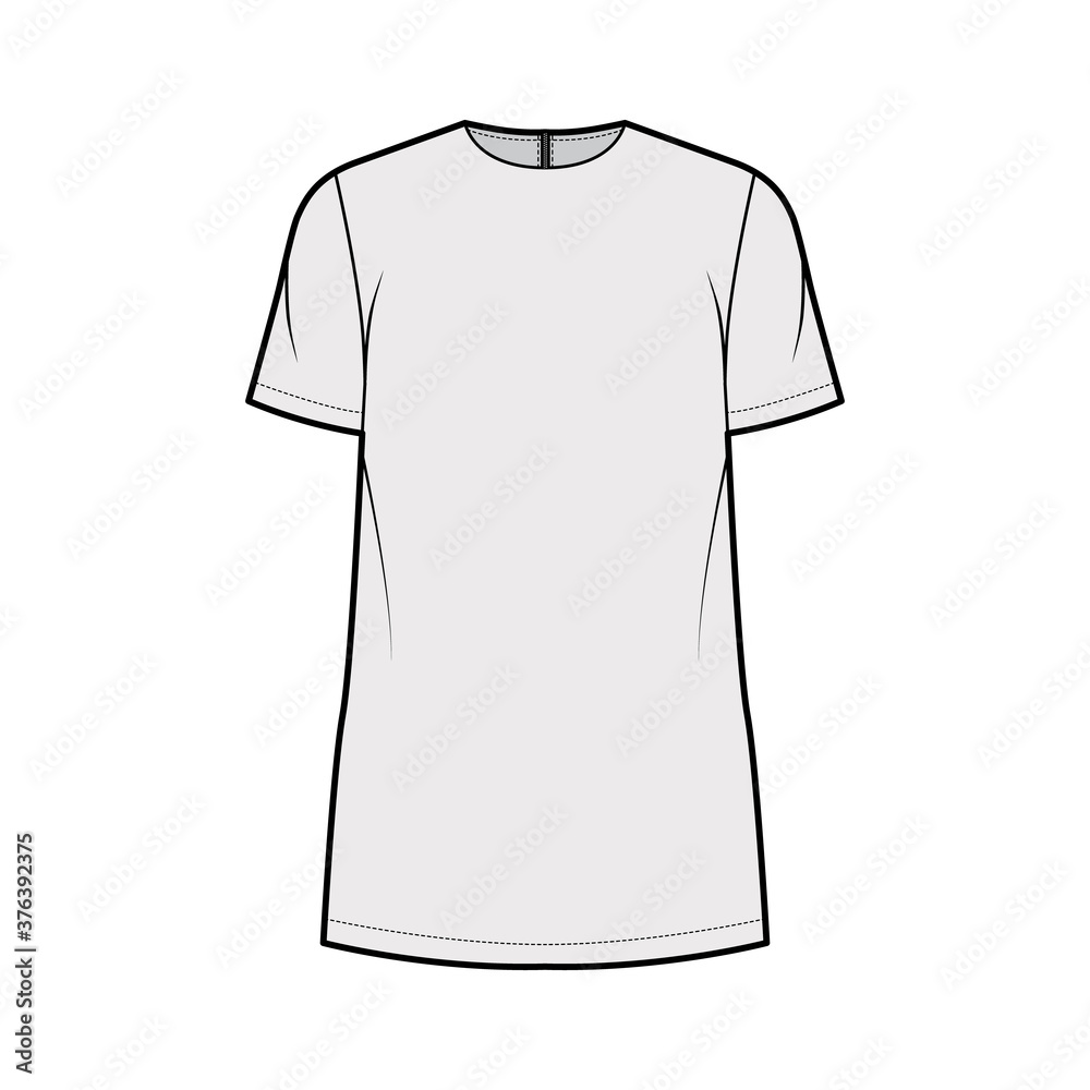 Cady tunic technical fashion illustration with crew neckline, short sleeves, oversized, back zip fastening, elongated hem. Flat apparel shirt template front grey color. Women men unisex top CAD mockup Cady tunic technical fashion illustration with crew neckline, short sleeves, oversized, back zip fastening, elongated hem. Flat apparel shirt template front grey color. Women men unisex top CAD mockup
