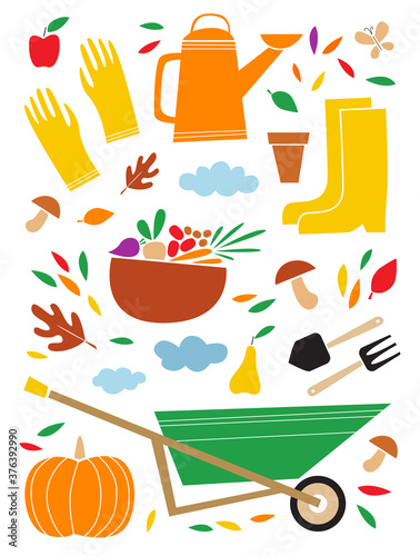 Autumn set of the kitchen garden harvest and tools