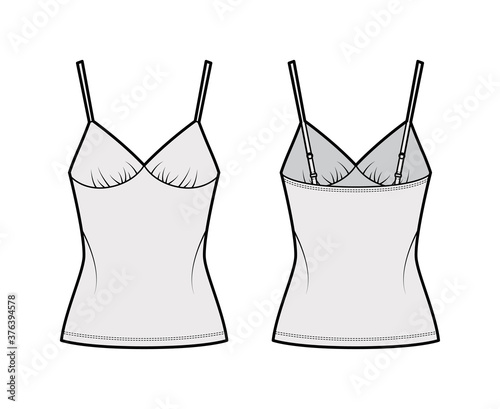 Camisole slip top technical fashion illustration with sweetheart neck, straps, slim fit, elongated hem. Flat outwear tank apparel template front, back, grey color. Women, men, unisex CAD mockup