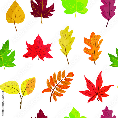 A vector seamless pattern of autumn colorful leaves orange, yellow, red and green. Foliage in a flat style on a white background . for autumn wrapping paper, screensavers, textiles, wallpapers