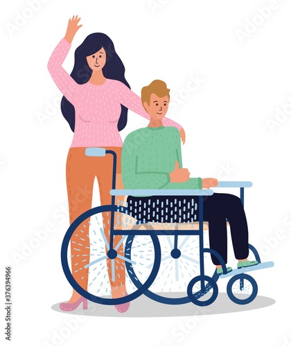 cartoon young couple. man sit in wheelchair and shows thumbs up. Wife stands behind him. Hand drawn style. isolated on white background