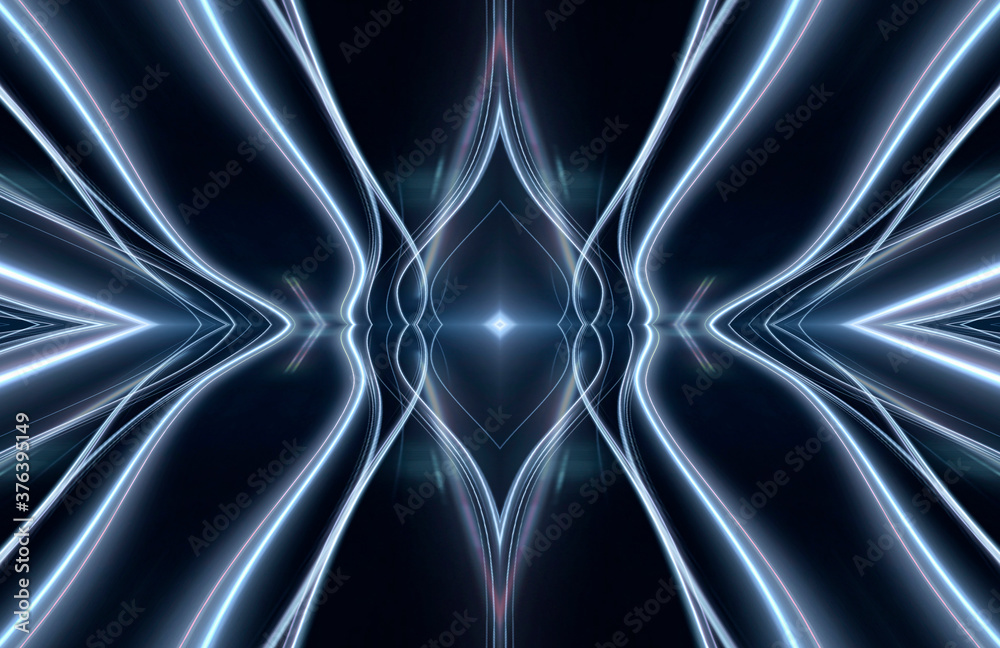 Naklejka premium Abstract dark futuristic blue night background. Rays and lines, lightning, lights. Blue neon light, symmetrical reflection in water, energy. 3D illustration.