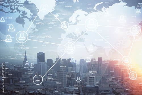 Photography Double exposure of social network theme drawing and cityscape background