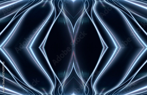 Abstract dark futuristic blue night background. Rays and lines, lightning, lights. Blue neon light, symmetrical reflection in water, energy. 3D illustration.