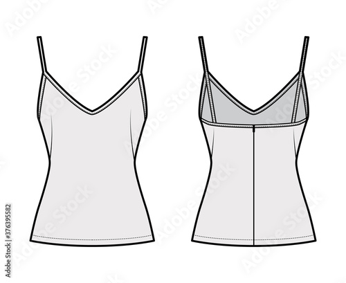 Camisole slip top technical fashion illustration with sweetheart neck, thin straps, slim fit, back zip fastening. Flat outwear tank apparel template front back grey color. Women men, unisex CAD mockup