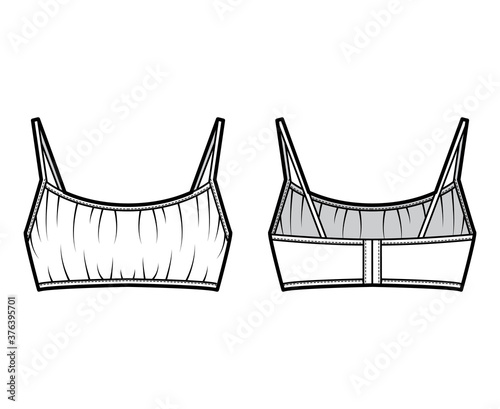 Cropped gathered at the front Bra top technical fashion illustration with back hook fastenings, shoulder straps. Flat swimwear lingerie template back, white color. Women, men, unisex underwear CAD
