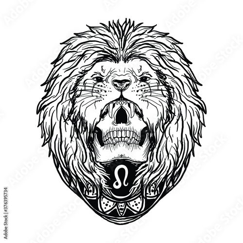 tattoo and t-shirt design black and white hand drawn leo skull zodiac premium vector
