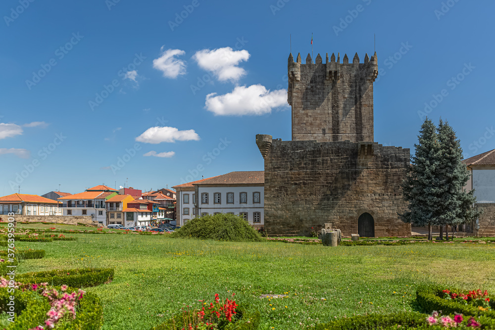View at the exterior facade tower at Castle of Chaves, iconic monument building at the Chaves city