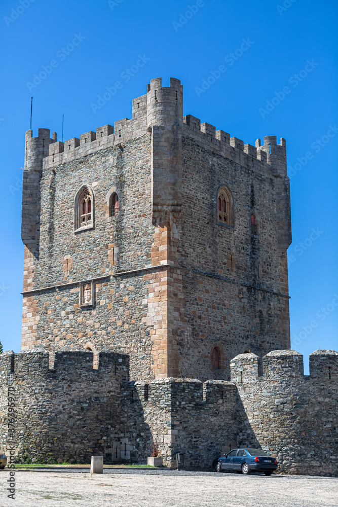 View at the exterior facade tower at Castle of Bragança, an iconic monument building at the Bragança city