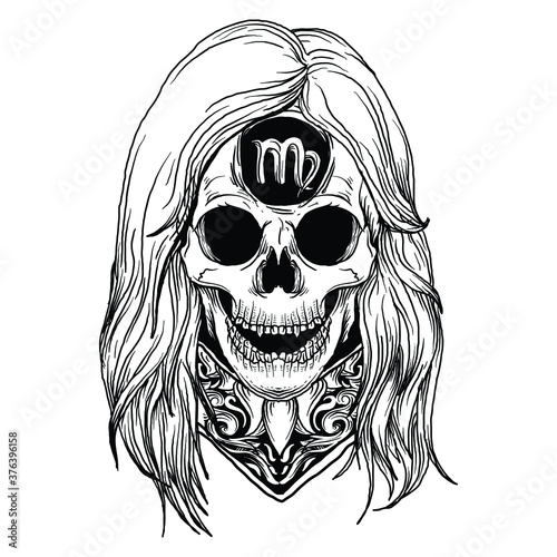 tattoo and t-shirt design black and white hand drawn virgo skull zodiac premium vector