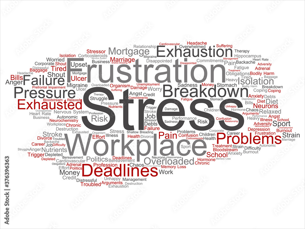 Vector concept conceptual mental stress at workplace or job pressure abstract word cloud isolated background. Collage of health, work, depression problem, exhaustion, breakdown, deadlines risk text Vector concept conceptual mental stress at workplace or job pressure abstract word cloud isolated background. Collage of health, work, depression problem, exhaustion, breakdown, deadlines risk text