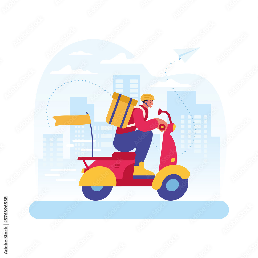 Vector illustration of delivery man riding scooter