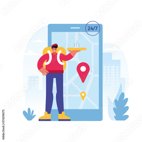 24 7 online pizza delivery vector cartoon illustration. Food delivery mobile application