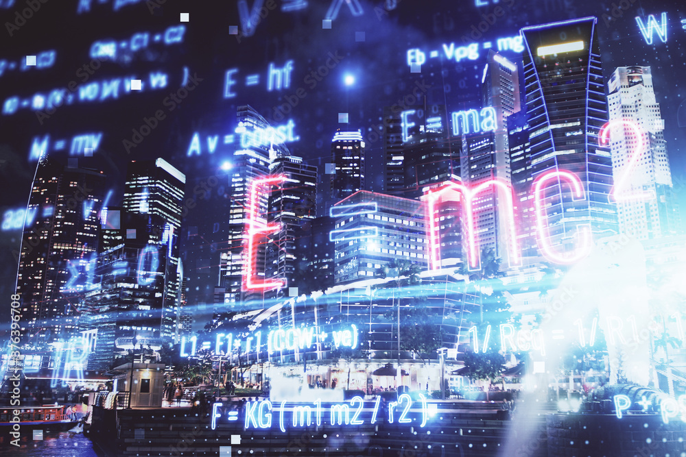 Double exposure of sience formula drawing and cityscape background. Concept of education. Double exposure of sience formula drawing and cityscape background. Concept of education.
