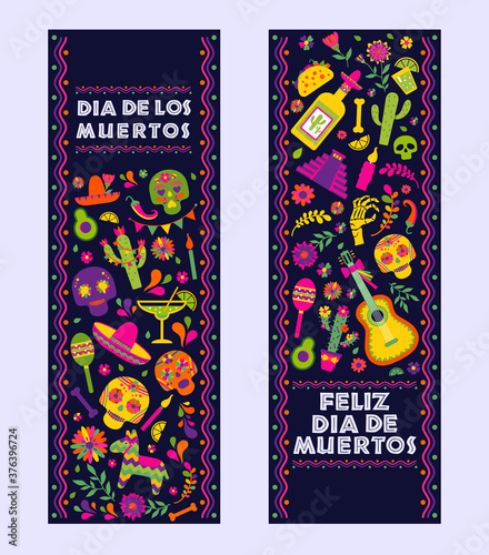 Dias de los Muertos typography banners vector. Mexico design for fiesta cards or party invitation, poster. Flowers traditional mexican frame with floral letters on dark background.