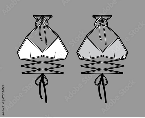 Bralette top technical fashion illustration with slender ties wrapped around body at neck and back. Flat swimwear lingerie apparel template front, back, white color. Women, men underwear CAD mockup