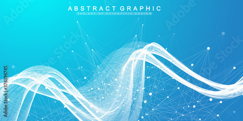 Abstract scientific background with dynamic particles, wave flow. Plexus stream background. 3D data visualization with fractal elements. Cyberpunk style. Digital vector illustration