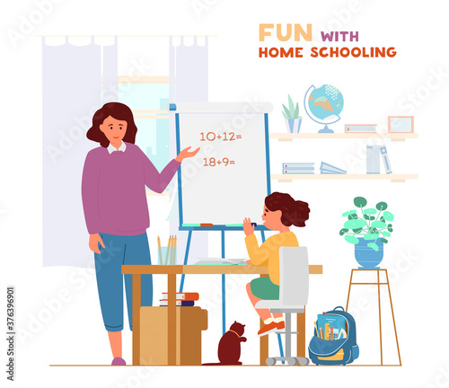Homeschooling Concept. Mother Or Tutor Teaching Girl At Home. Girl Sitting At Desk And Raises Hand. Flat Vector Illustration.