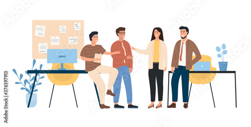Colleagues at work in office. Coworkers on a break. Relaxing communicate. Business people. Corporate workers. Workflow. Office space. Working environment. Colorful Flat Vector Illustration