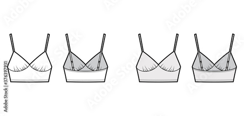 Cropped camisole slip top technical fashion illustration with sweetheart neck, straps, slim fit, waist length. Flat outwear tank template front, back, white grey color. Women, men shirt camisole CAD