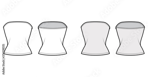 Tube top technical fashion illustration with side zip fastening, fitted body, round neckline. Flat bra swimwear lingerie apparel template front back white grey color. Women unisex underwear CAD mockup