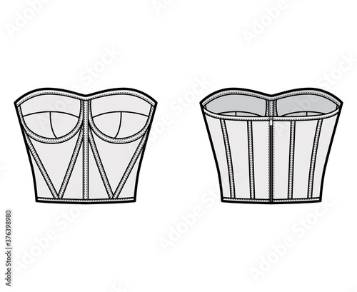 Corset-style bustier top technical fashion illustration with molded cups, close fit, back zip fastening, cropped length. Flat apparel template front, back grey color. Women men unisex shirt CAD mockup