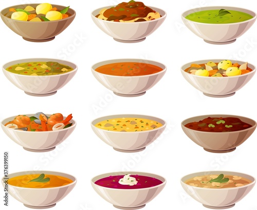 Vector illustration of various international soups and stews in colorful bowls isolated on white background.