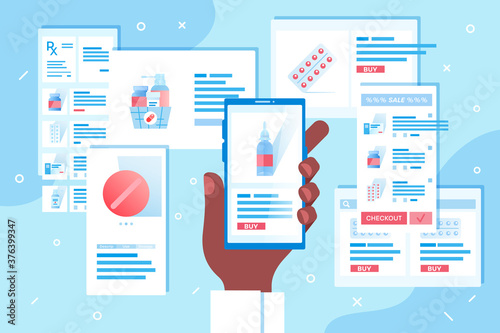 Concept of Online pharmacy or Medicament delivery. Order in internet drugstore by mobile app. Client hold smartphone in hand and buy in online drug store, many screens with product cards around