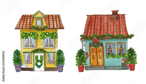 Watercolor illustration of houses decorated for Christmas. Isolated on a white background
