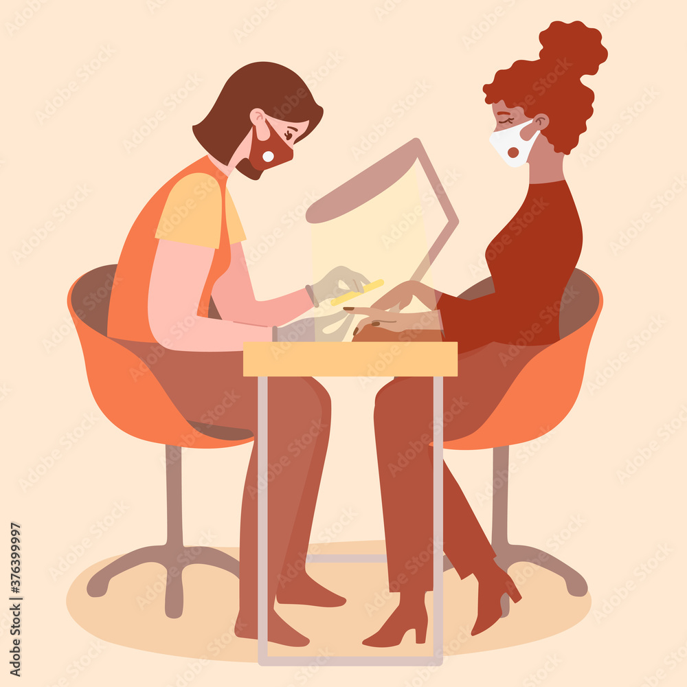 COVID-19 prevention in nail salon. Manicurist and client sitting at manicure table opposite each other. Safe manicure with medical masks and gloves during coronavirus pandemic. Warm colors, flat COVID-19 prevention in nail salon. Manicurist and client sitting at manicure table opposite each other. Safe manicure with medical masks and gloves during coronavirus pandemic. Warm colors, flat