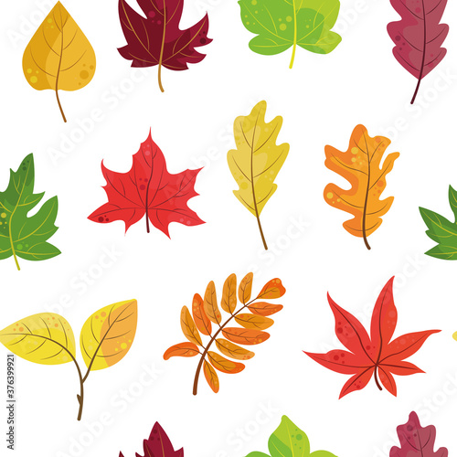 A seamless pattern of autumn colorful leaves orange, yellow, red and green. Foliage in a flat style on a white background . Perfect for autumn wrapping paper, screensavers, textiles, wallpapers