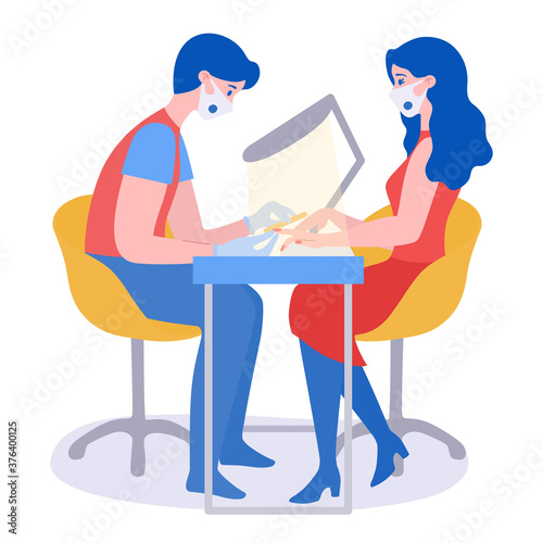 New normal. COVID-19 prevention in nail salon. Man manicurist and woman client sitting at table opposite each other. Safe manicure with medical masks and gloves during coronavirus pandemic