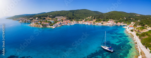 Aerial, panoramic view to the beautiful town of Fiscardo, Kefalonia island, Greece, marina and hub for many sailors and travelers